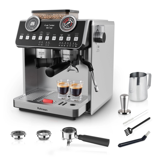 Ръчна еспресо кафемашина ROHNSON R-98200 Dual Boiler, 20 bar, с вградена кафемелачка