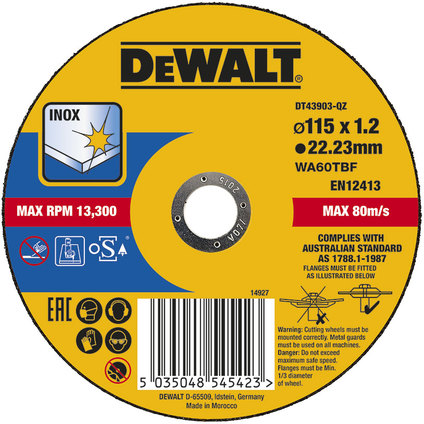 METAL CUTTING DISC INOX DEWALT DT43903-QZ 115x1.2x22.23 METAL CUTTING DISC INOX DEWALT DT43903-QZ 115x1.2x22.23