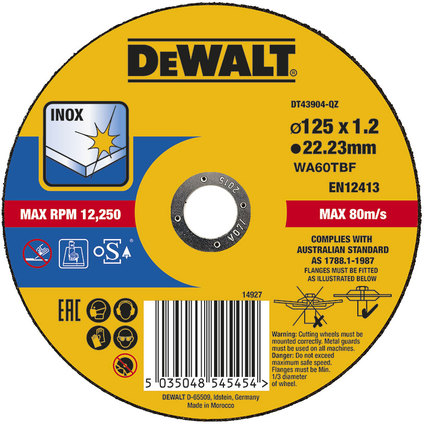 METAL CUTTING DISC INOX DEWALT DT43904-QZ 125x1.2x22.23 METAL CUTTING DISC INOX DEWALT DT43904-QZ 125x1.2x22.23