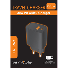 ЗАРЯДНО 220V VSMOBILE 30W PD USB-A+C BK ЗАРЯДНО 220V VSMOBILE 30W PD USB-A+C BK