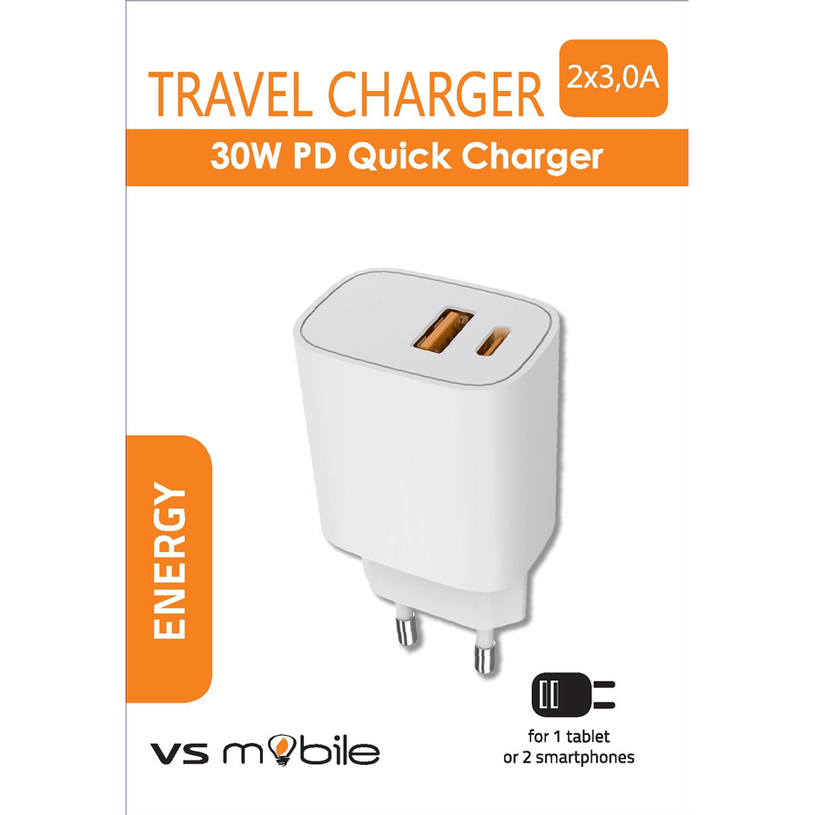 *ЗАРЯДНО 220V VSMOBILE 30W PD USB-A+C WH *ЗАРЯДНО 220V VSMOBILE 30W PD USB-A+C WH