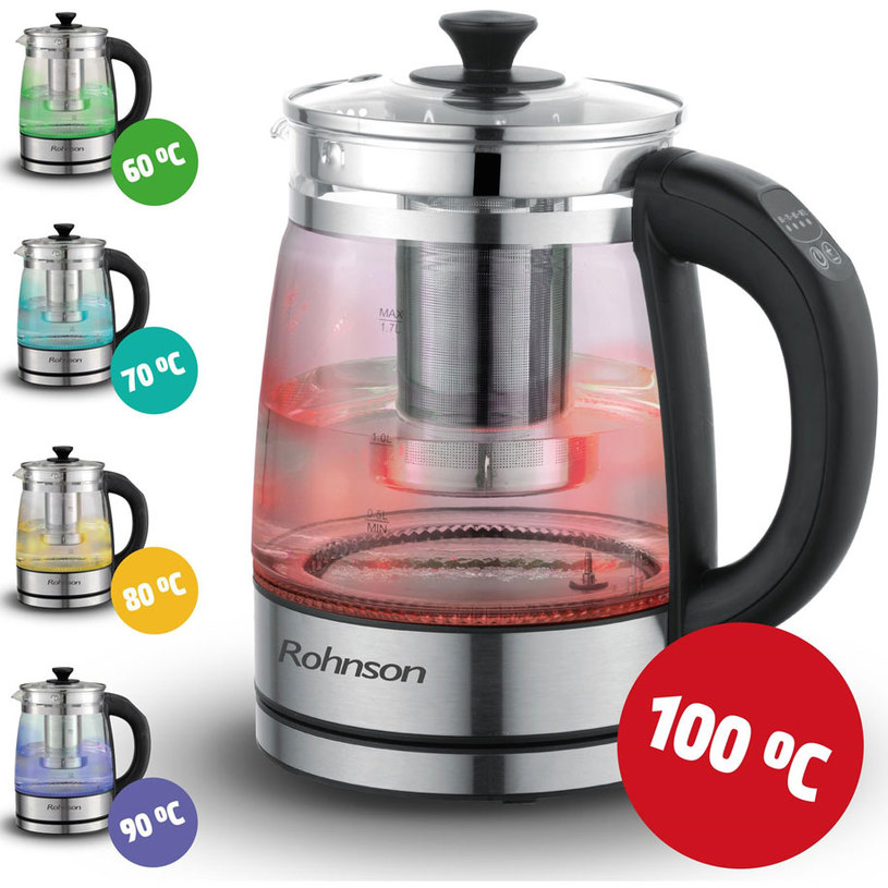 Електрическа кана ROHNSON R-7610, 2200 W, 1.70 L, стъкло, сива