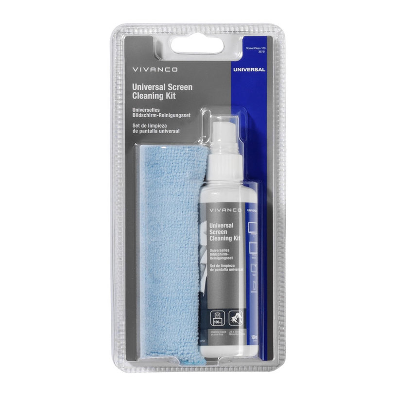Почистващ комплект VIVANCO 39751, 100 ml препарат без алкохол + микрофибърна кърпа 25 x 25 cm