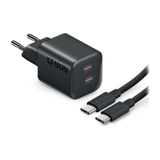 Charging adaptor for laptop SBS 220V 100W PD GaN 2xUSB-C 41209 Black USB-C Braided Cable 2 m Charging adaptor for laptop SBS 220V 100W PD GaN 2xUSB-C 41209 Black USB-C Braided Cable 2 m