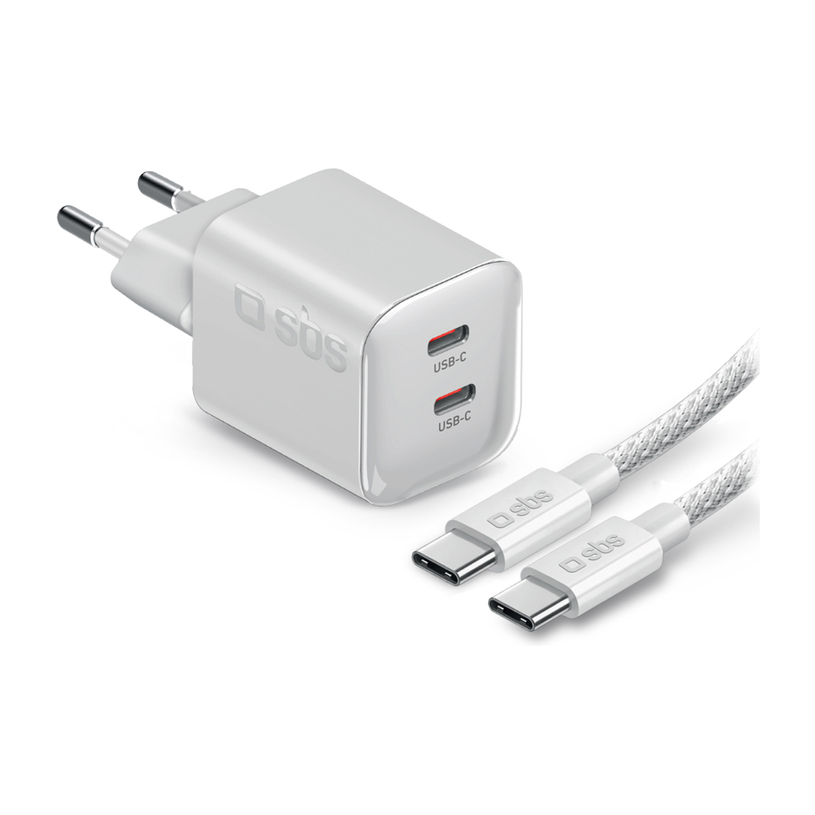 Charging adaptor for laptop SBS 220V 100W PD GaN 2xUSB-C 41216 White USB-C Braided Cable 2 m Charging adaptor for laptop SBS 220V 100W PD GaN 2xUSB-C 41216 White USB-C Braided Cable 2 m