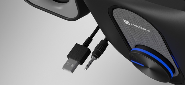Черни високоговорители Natec PUG 2.1 с USB и AUX връзки, със стилно копче за управление и синьо LED осветление